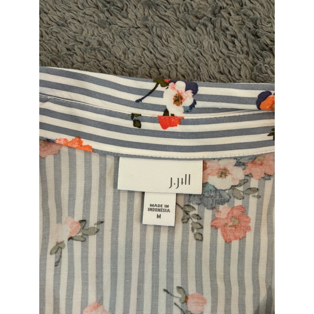 J. Jill Button Up Blue Striped Shirt Floral Print Womens Medium Long Sleeve - Picture 2 of 5